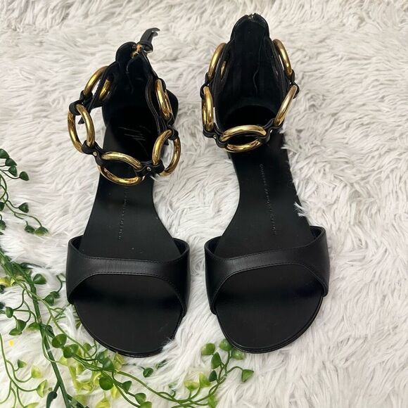 Giuseppe Zanotti Black Leather Gold Ring Ankle Strap OpenToe Sandals 36.5/6.5 US - Picture 2 of 11